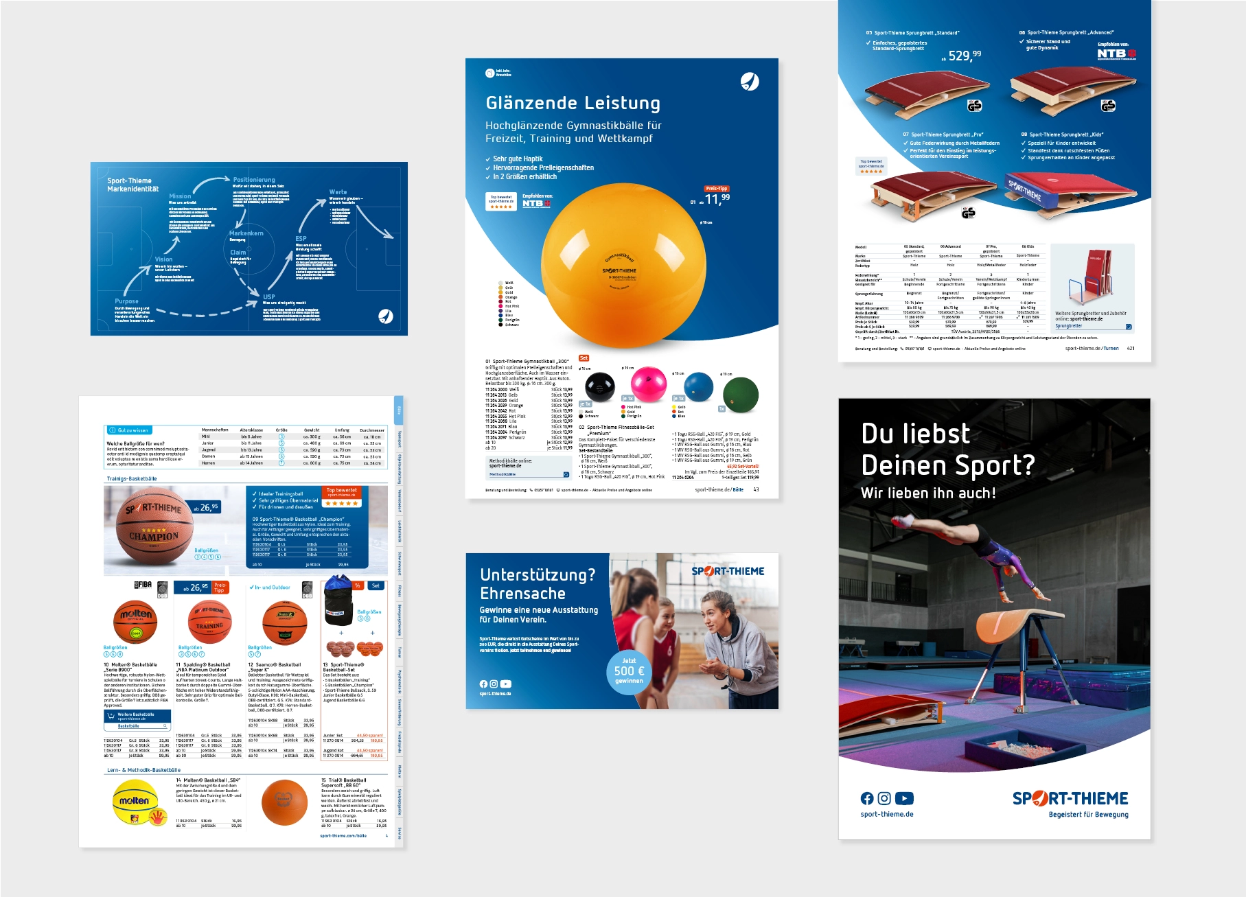 verschiedene Print Medien des Sport-Thieme Marken-Relaunch: Flyer, Visitenkarte, Katalogseiten, Plakate