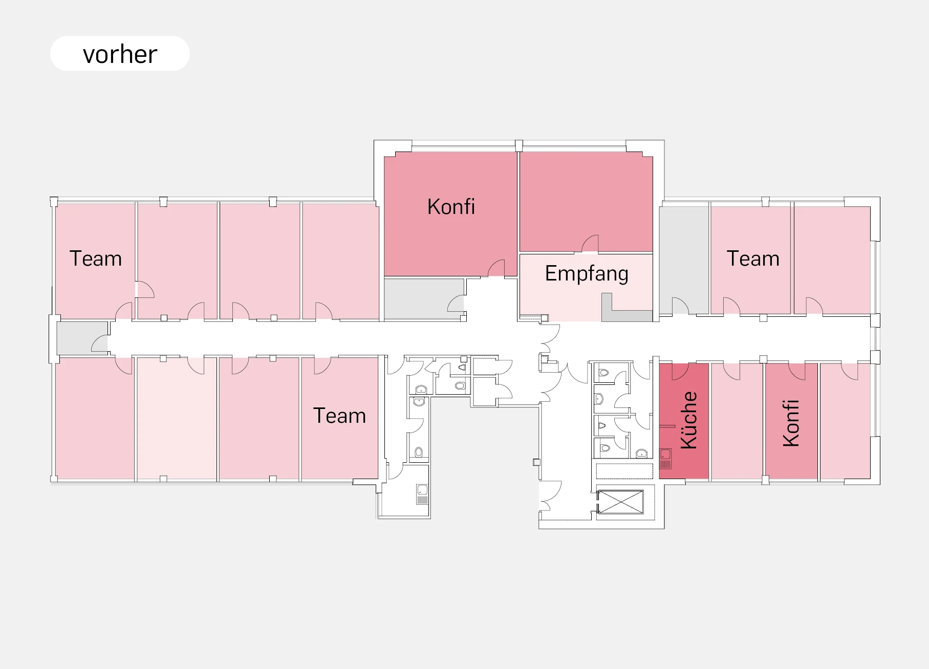 Office-Konzept: Der ursprüngliche Grundriss, der von uns auf Umbaumöglichkeiten und Verbesserungspotentiale geprüft wird.