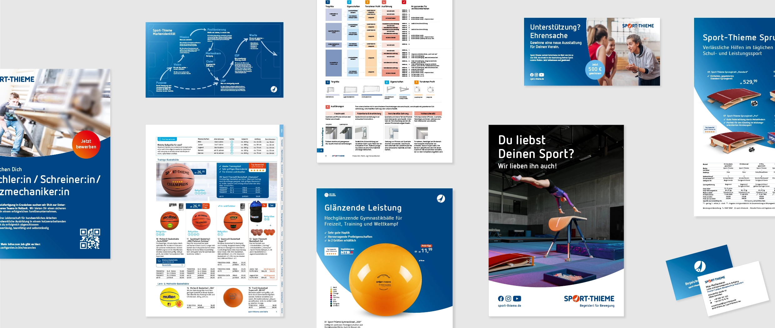 verschiedene Print Medien des Sport-Thieme Marken-Relaunch: Flyer, Visitenkarte, Katalogseiten, Plakate