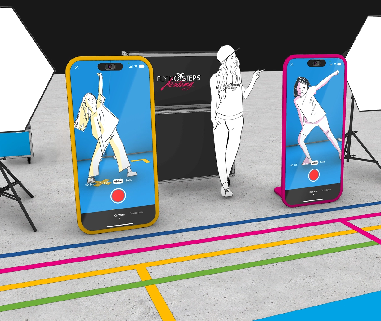 Eine Konzept-Skizze für den Event-Parcours: Große Kulissen in Form von Smartphones nehmen die Kinder auf. Die Kinder können sich selbst in den überdimensionalen Smartphones sehen.
