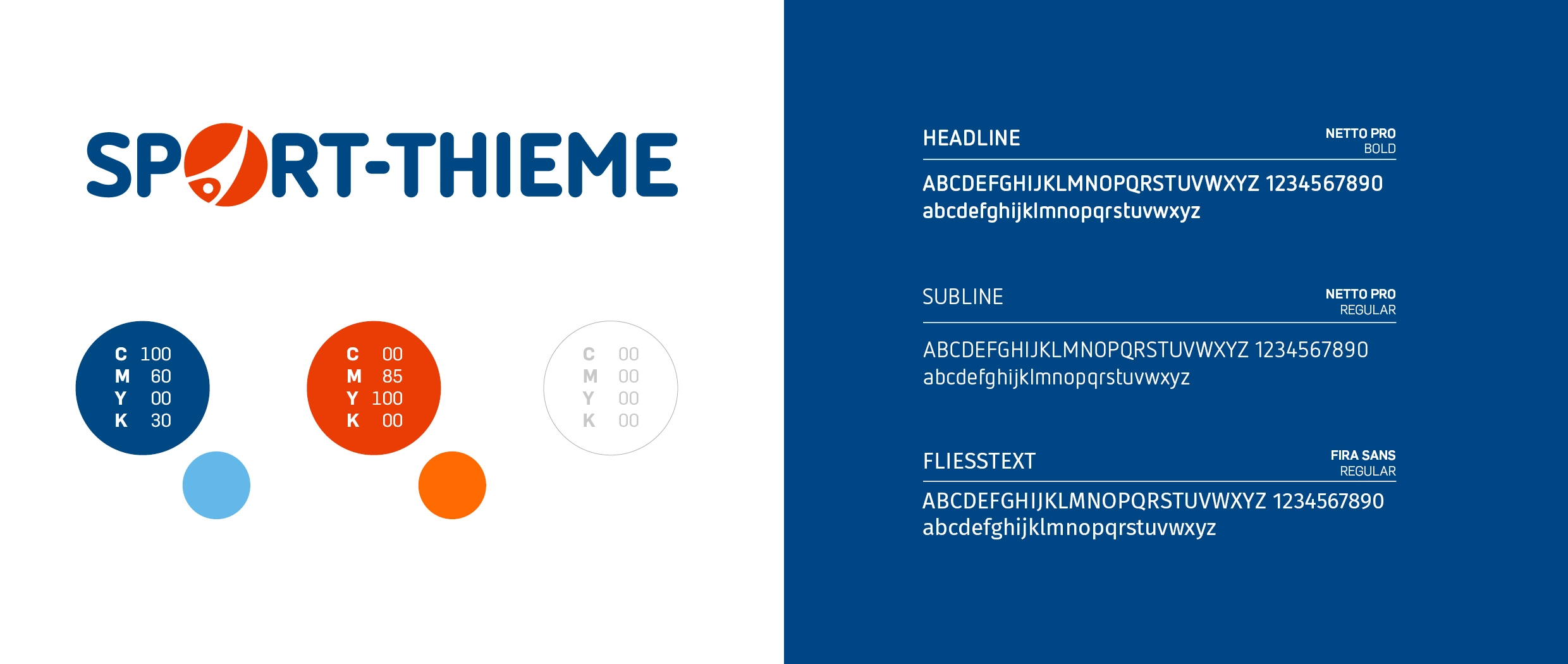 Die neuen Sport-Thieme Markenfarben dunkelblau und orange, sowie die Hausschriften Netto Pro und Fira Sans werden vorgestellt.
