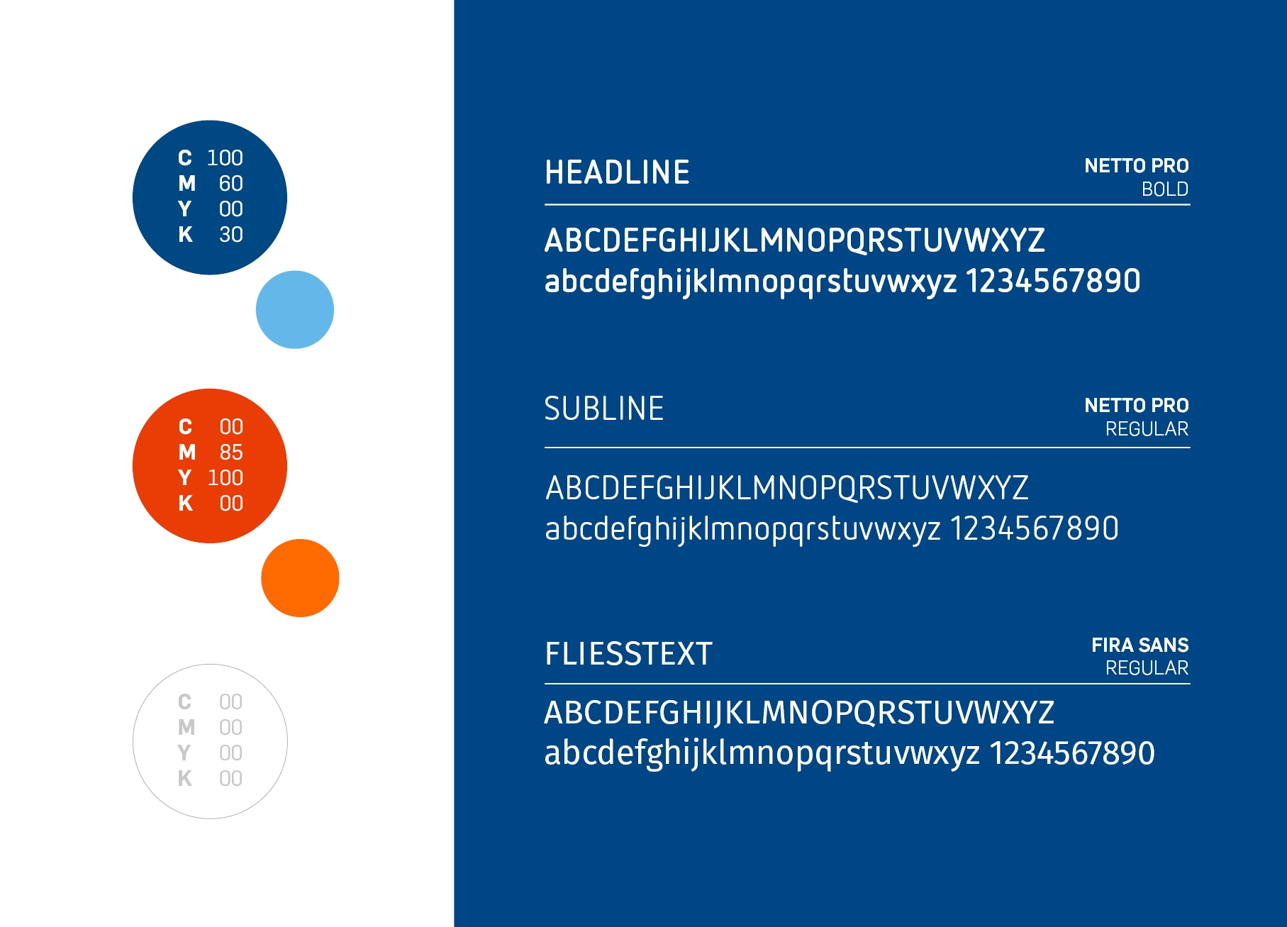 Die neuen Sport-Thieme Markenfarben dunkelblau und orange, sowie die Hausschriften Netto Pro und Fira Sans werden vorgestellt.