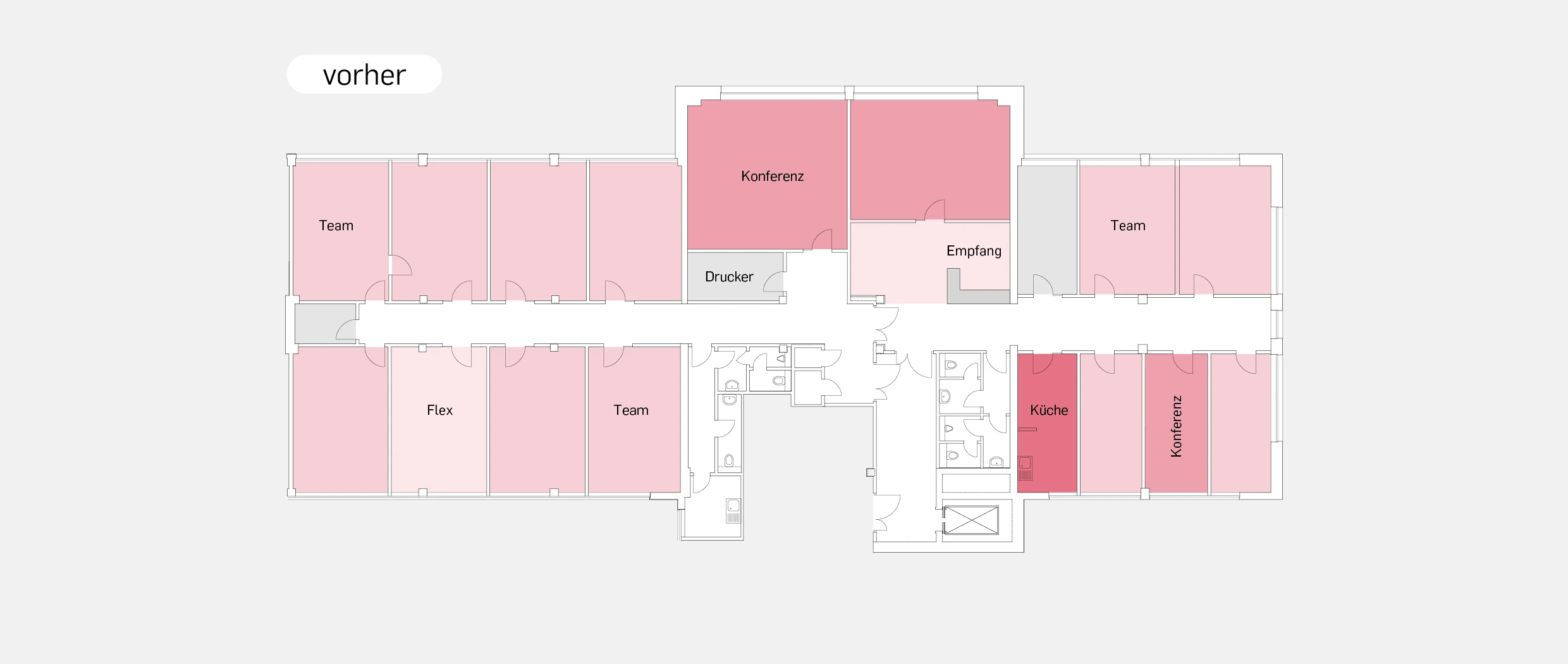 Office-Konzept: Der ursprüngliche Grundriss, der von uns auf Umbaumöglichkeiten und Verbesserungspotentiale geprüft wird.