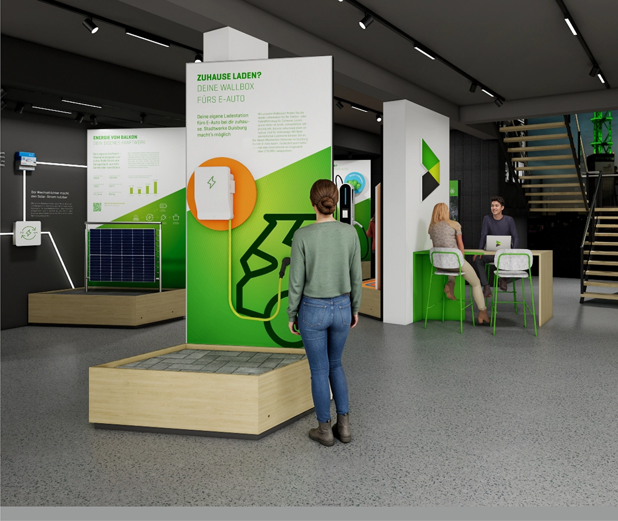 Vorschaubild für das Projekt Infocenter Energie: links sind modulare Ausstellungspodeste aufgebaut, rund um das Thema erneuerbaren Energielösungen, rechts ein Beratungstresen