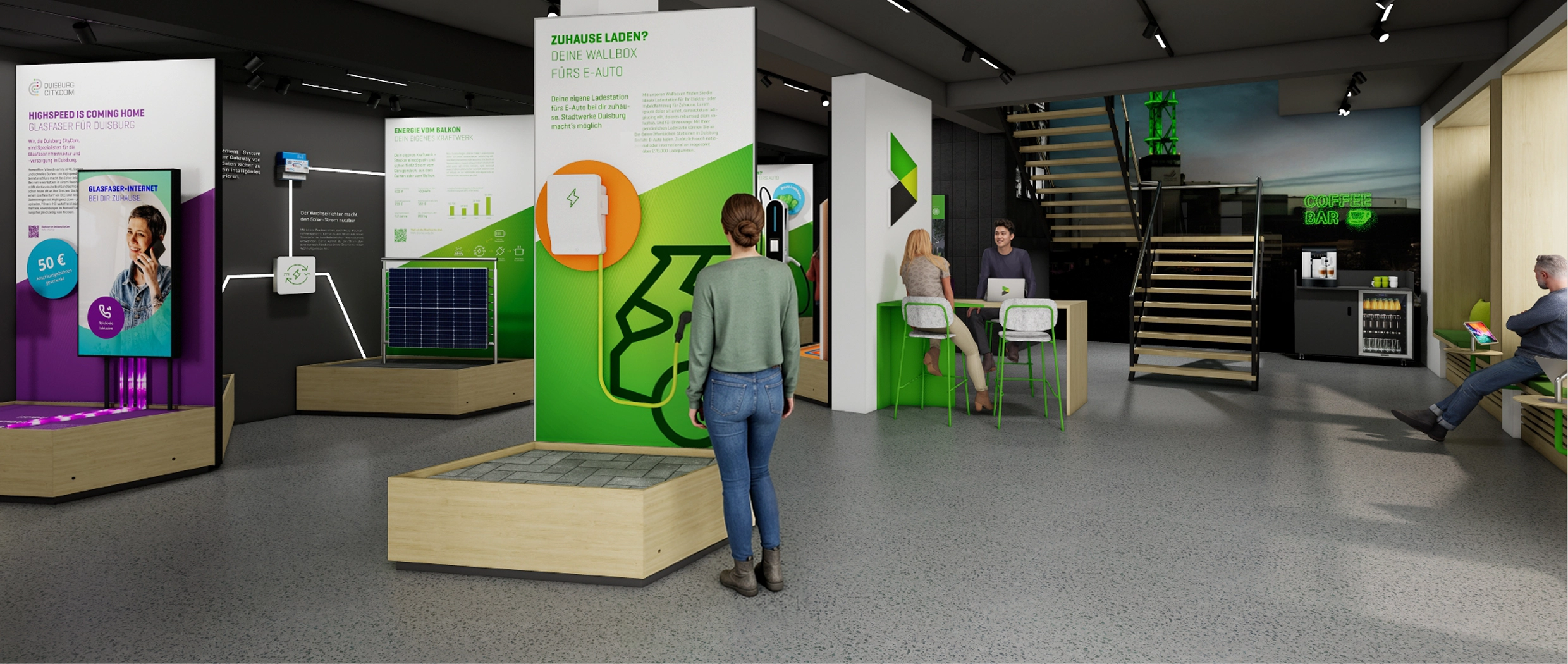 links sind modulare Ausstellungspodeste aufgebaut, rund um das Thema erneuerbaren Energielösungen, in der Mitte ein Beratungstresen, rechts in einer Sitznische ein Kunde mit Self-Service Tablet