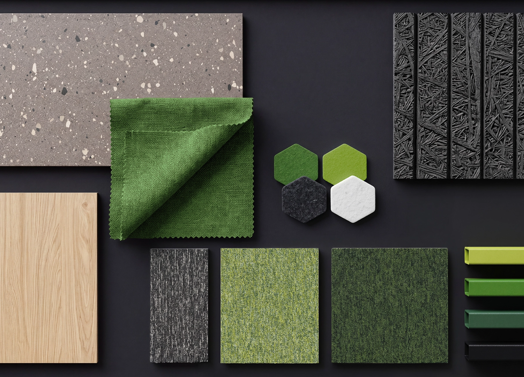Materialboard für den Showroom: Die Markenfarben in Grün finden sich wieder im Teppichboden, Filz und gepulvertem Stahl. Anthrazitfarbene Bauxplatten, helles Holz und ein Boden aus Steinfliesen.