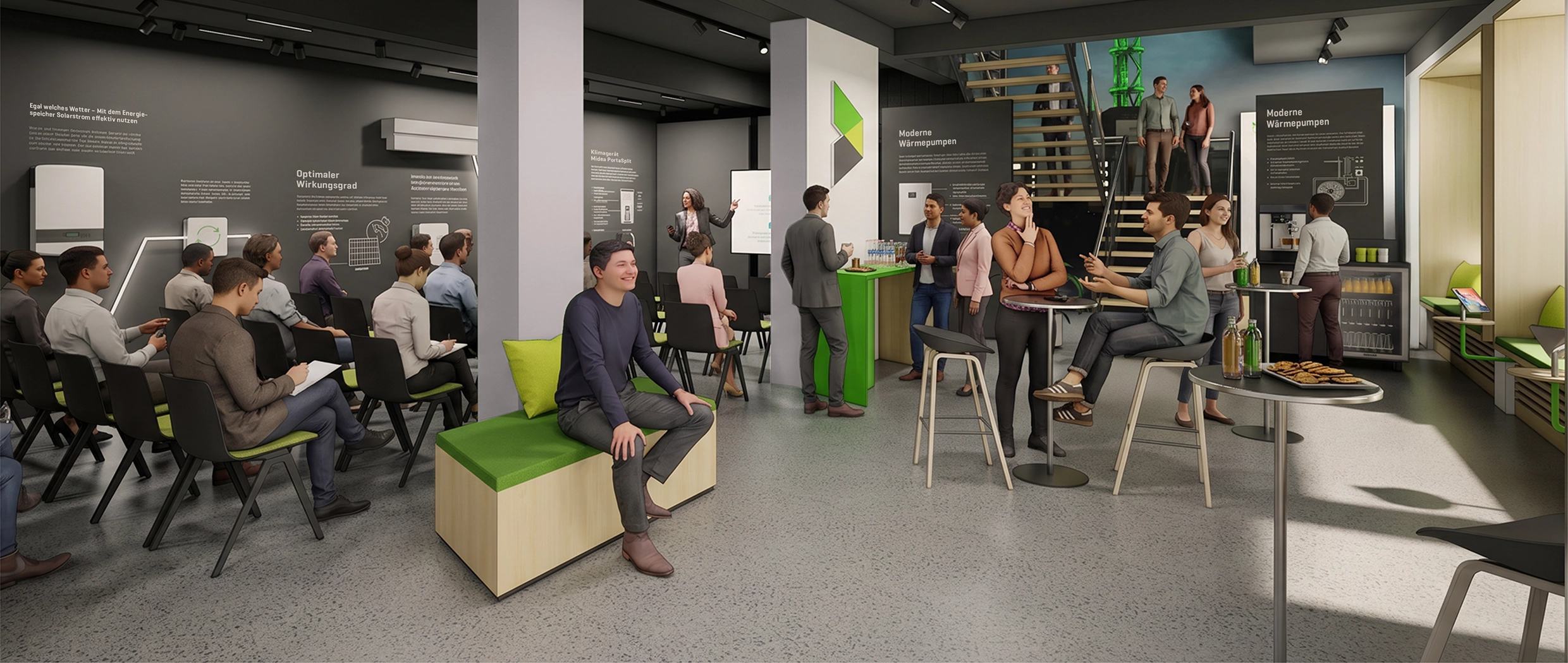 Im Infocenter findet eine Veranstaltung zum Thema Wärmepumpen statt. Die Ausstellungsflächen sind gedreht, mit beschreibbaren Rückseiten. Die Möbel sind weggerückt, es ist eine Bestuhlung aufgebaut. Der Tresen wird zur Bar.