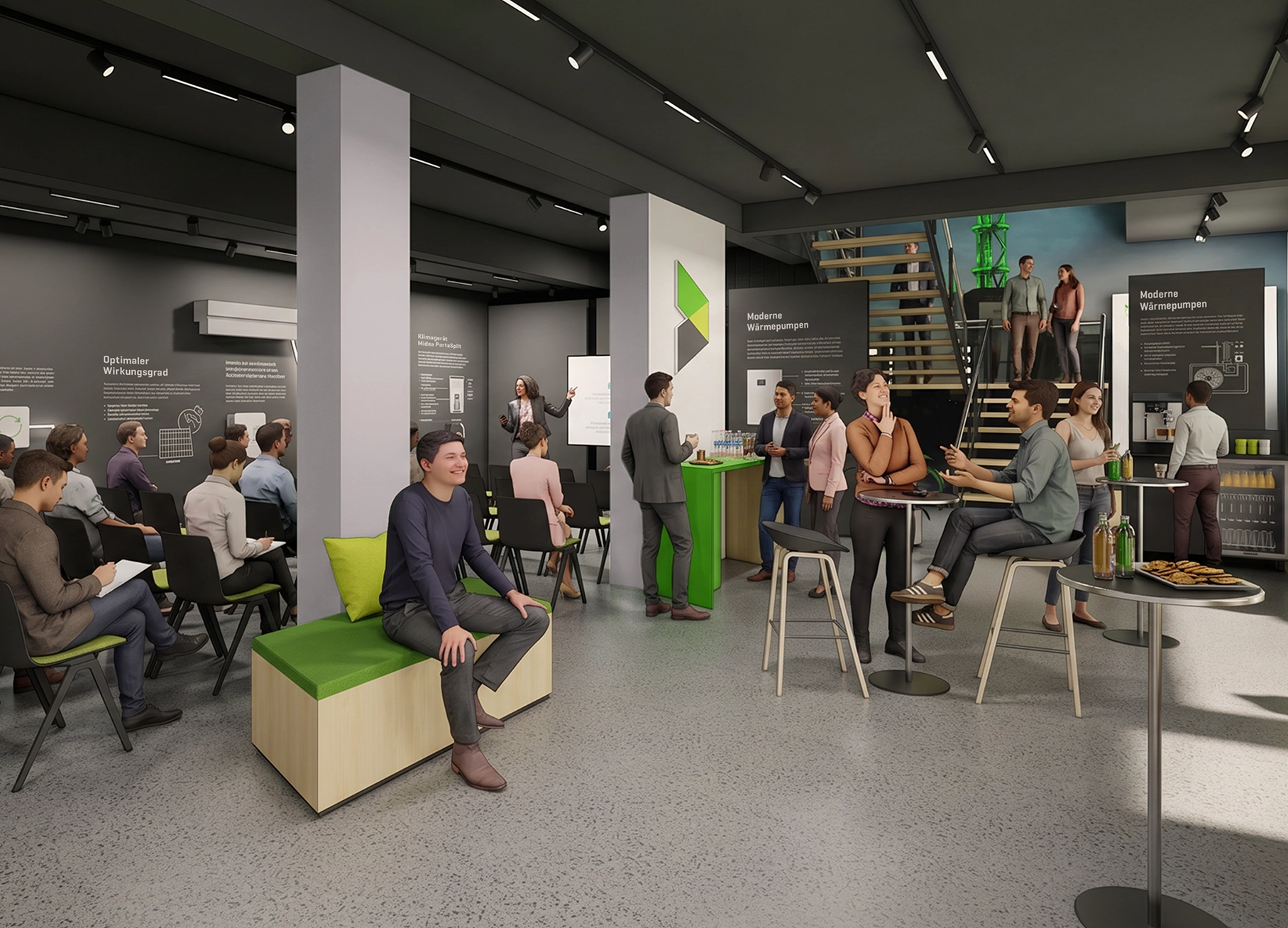 Im Infocenter findet eine Veranstaltung zum Thema Wärmepumpen statt. Die Ausstellungsflächen sind gedreht, mit beschreibbaren Rückseiten. Die Möbel sind weggerückt, es ist eine Bestuhlung aufgebaut. Der Tresen wird zur Bar.