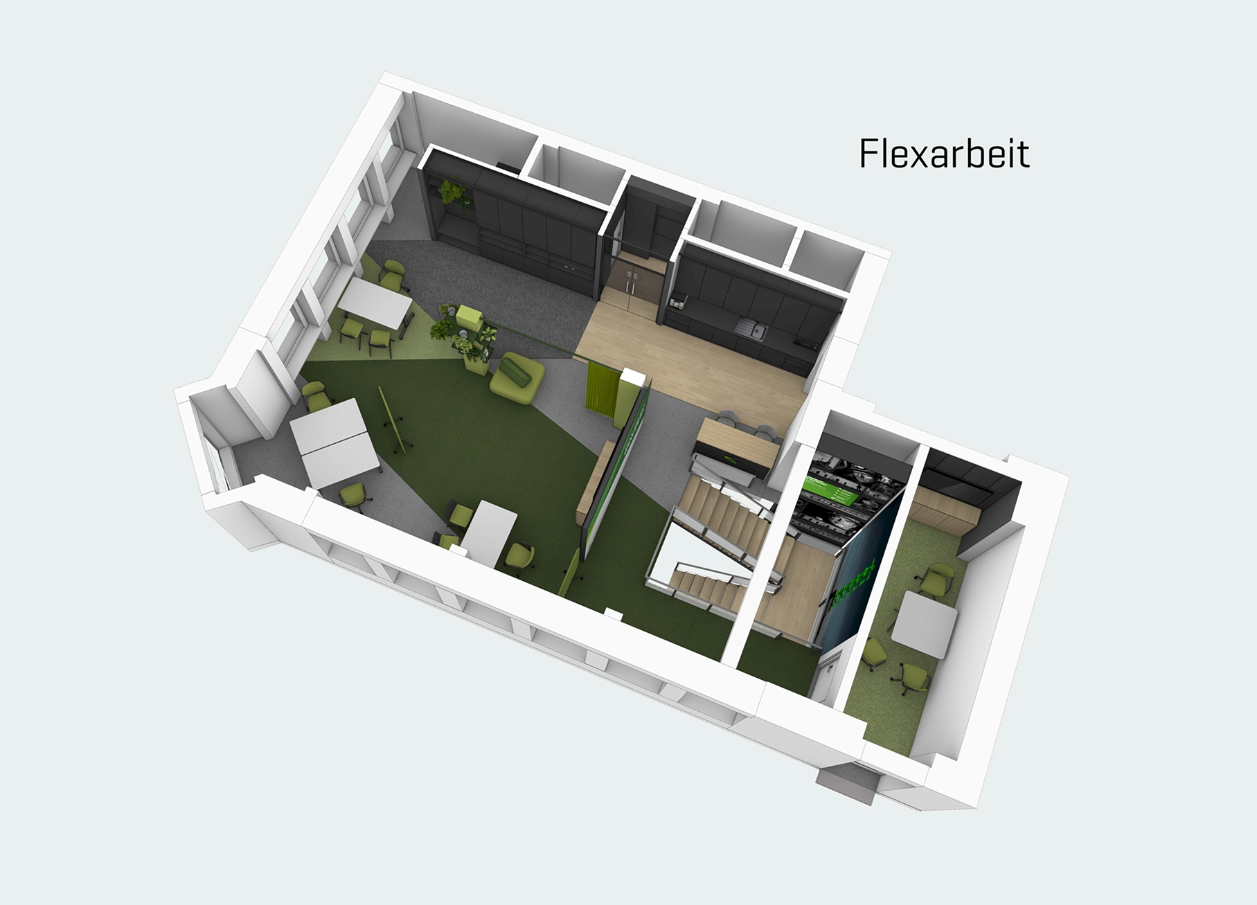 Grundriss des Obergeschoss in verschiedenen Situationen: Flexarbeit.