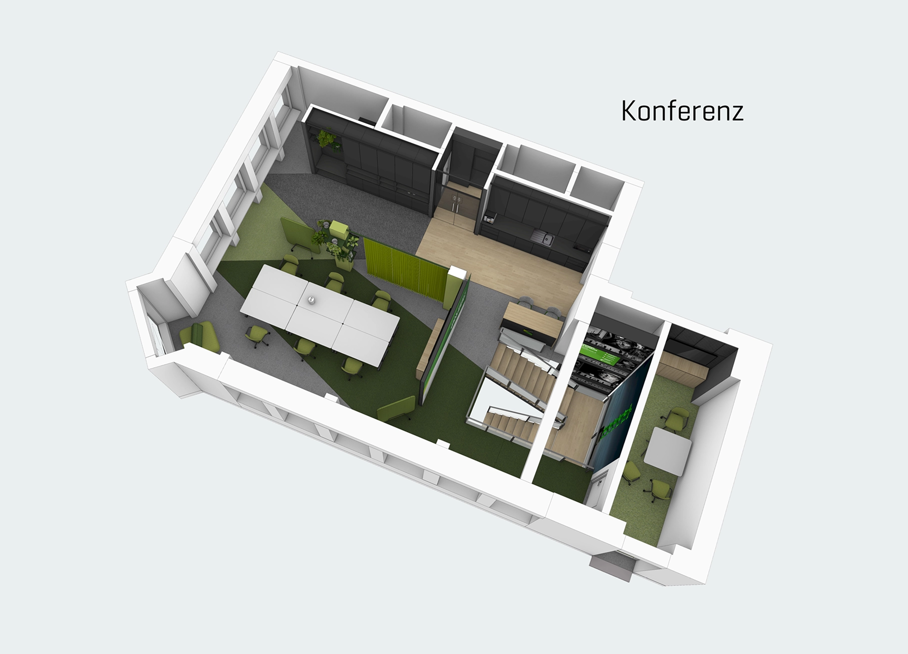 Grundriss des Obergeschoss in verschiedenen Situationen: Konferenz.