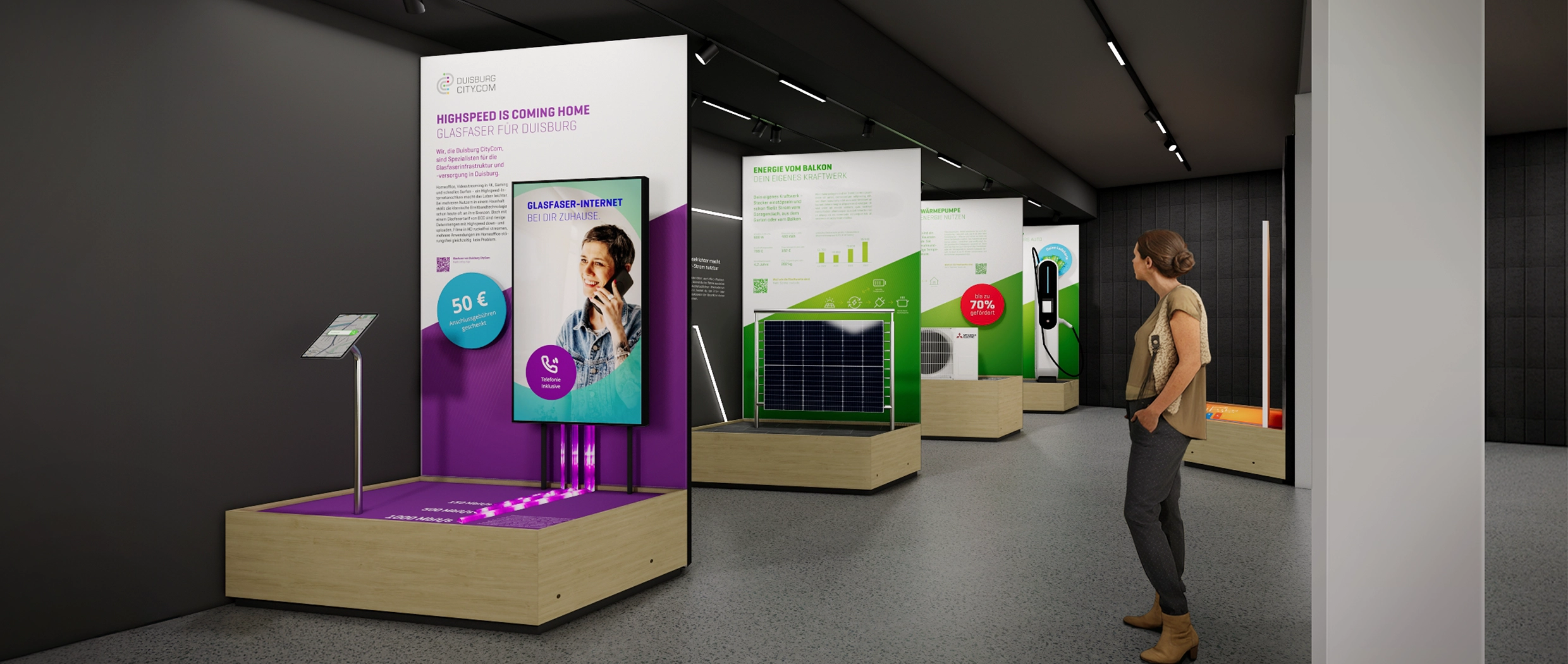 Ausstellungsfläche im Erdgeschoss zeigen Information rund um das Thema erneuerbaren Energielösungen
