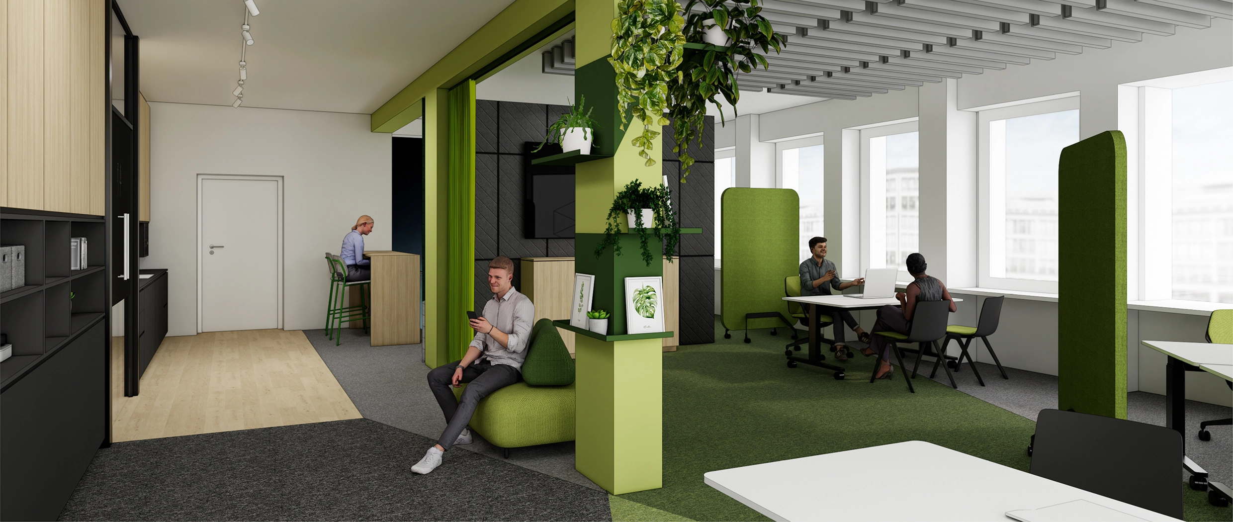 Perspektive des Obergeschoss im Infocenter, moderne Officeeinrichtung mit mobielen Stellwänden und offenem Raumkonzept.