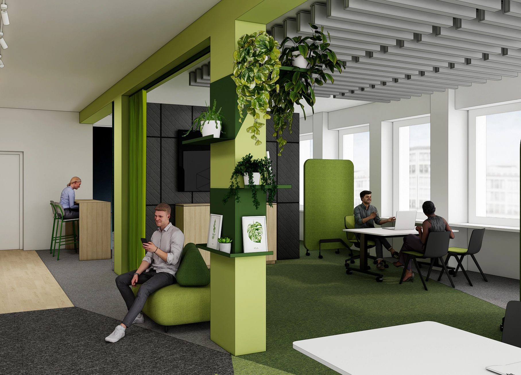 Perspektive des Obergeschoss im Infocenter, moderne Officeeinrichtung mit mobielen Stellwänden und offenem Raumkonzept.