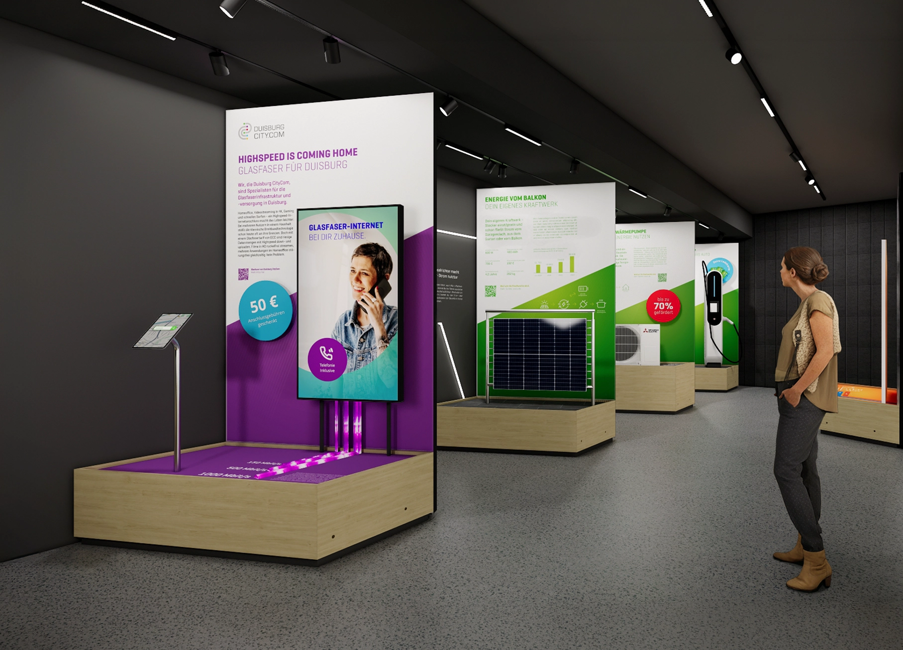 Ausstellungsfläche im Erdgeschoss zeigen Information rund um das Thema erneuerbaren Energielösungen