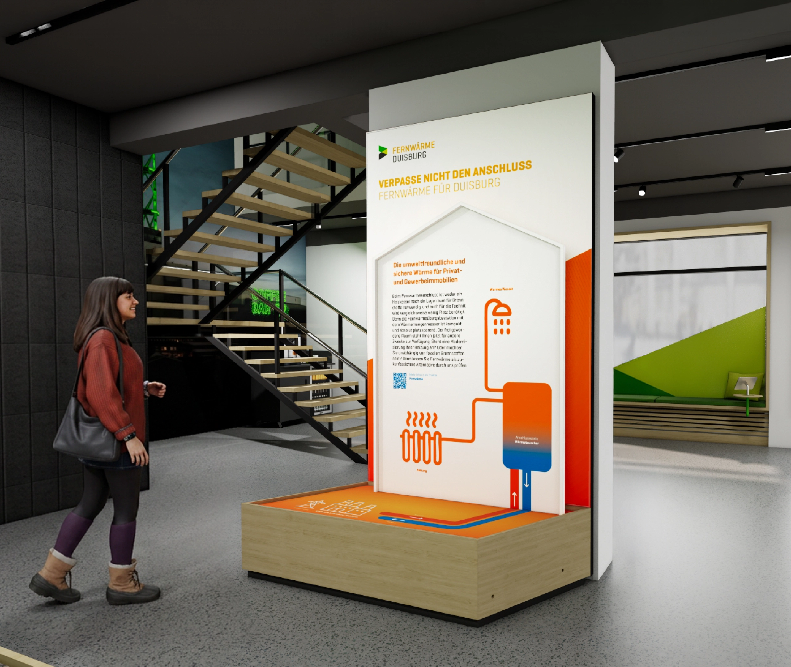 Ein Ausstellungspodest mit Infografik zum Thema Fernwärme